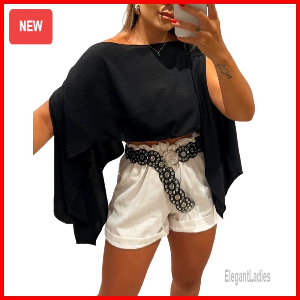 Off Shoulder Batwing Sleeve Blouse With Bandeau Top, Polyester, Regular Fit